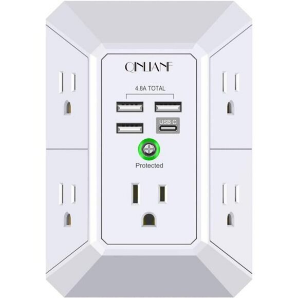 Wall Charger Surge Protector 5 Outlet Extender with 4 USB Charging Ports 3-Sided - Picture 1 of 7